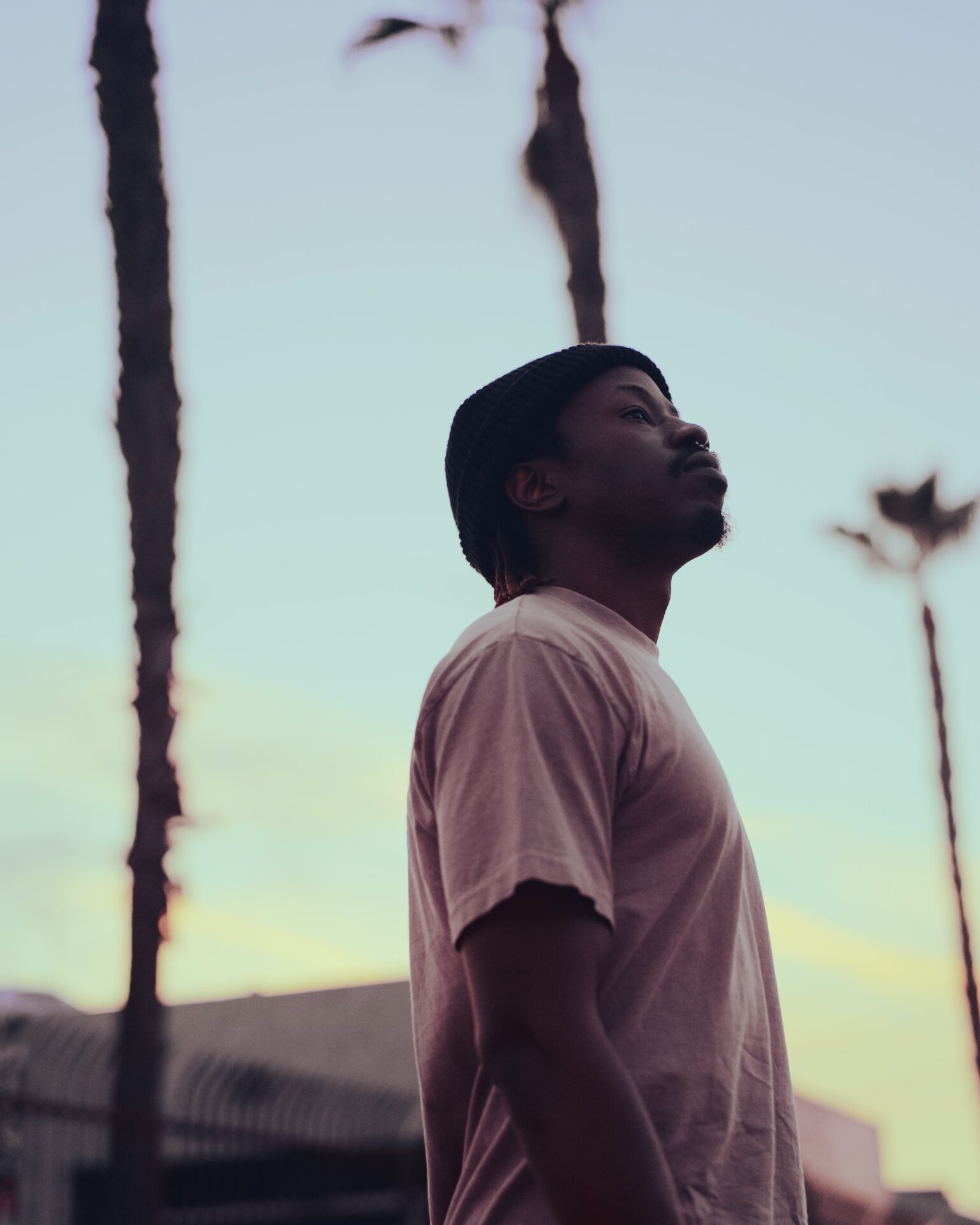 a man standing in front of palm trees