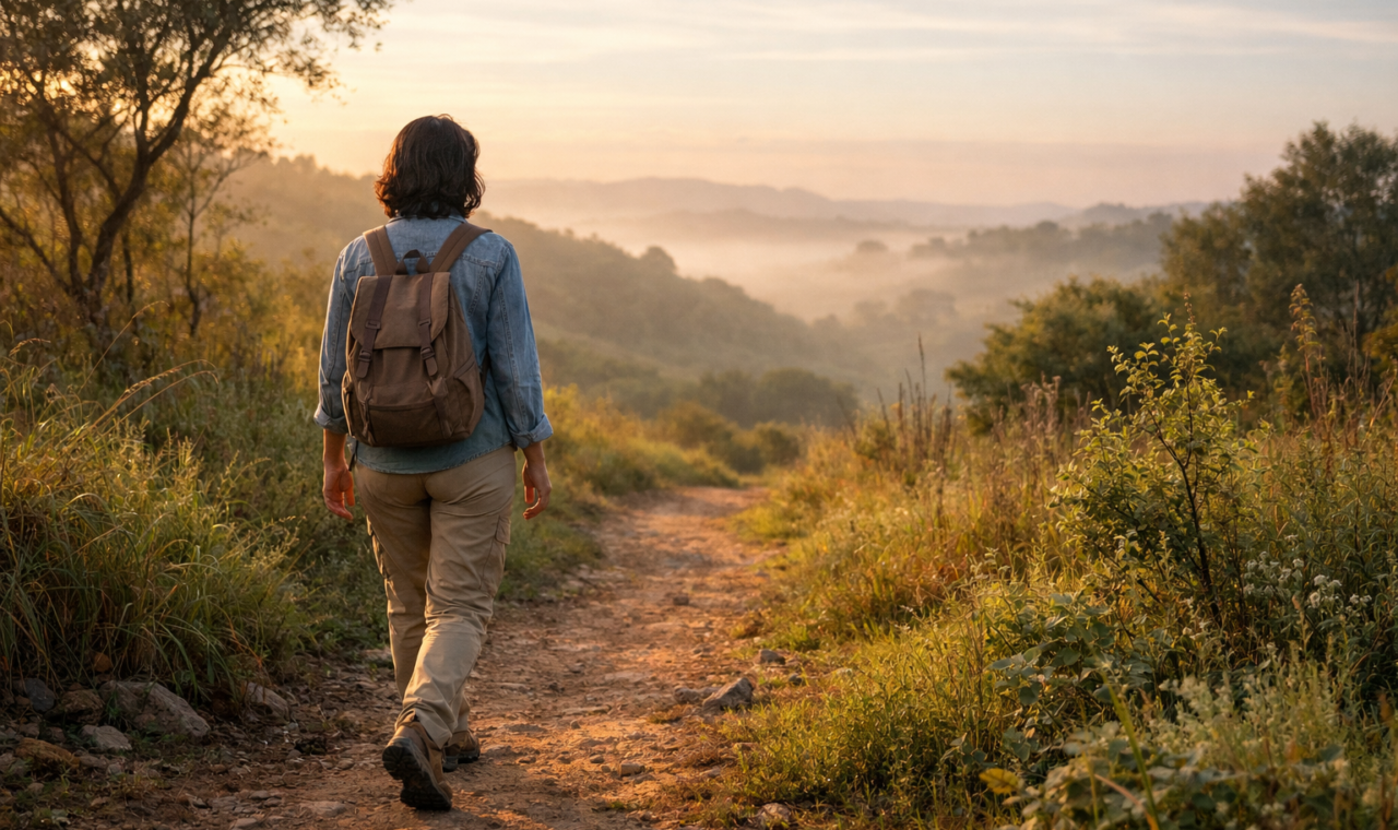 Pessoa caminhando por uma trilha cercada de vegetação em diferentes estágios de crescimento, simbolizando uma jornada espiritual pessoal