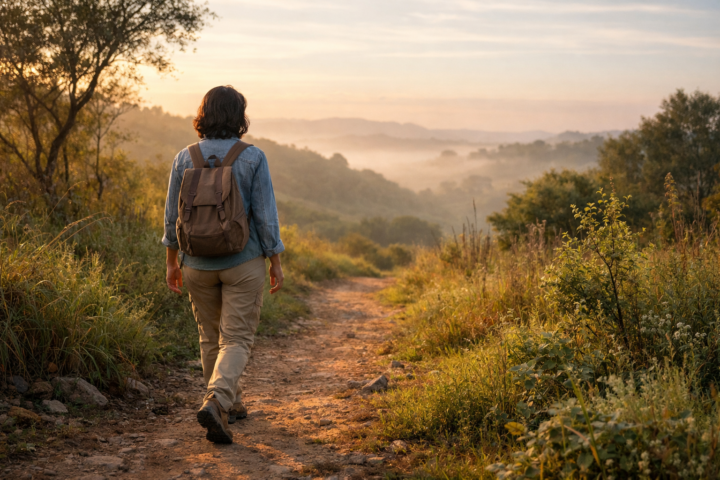Pessoa caminhando por uma trilha cercada de vegetação em diferentes estágios de crescimento, simbolizando uma jornada espiritual pessoal