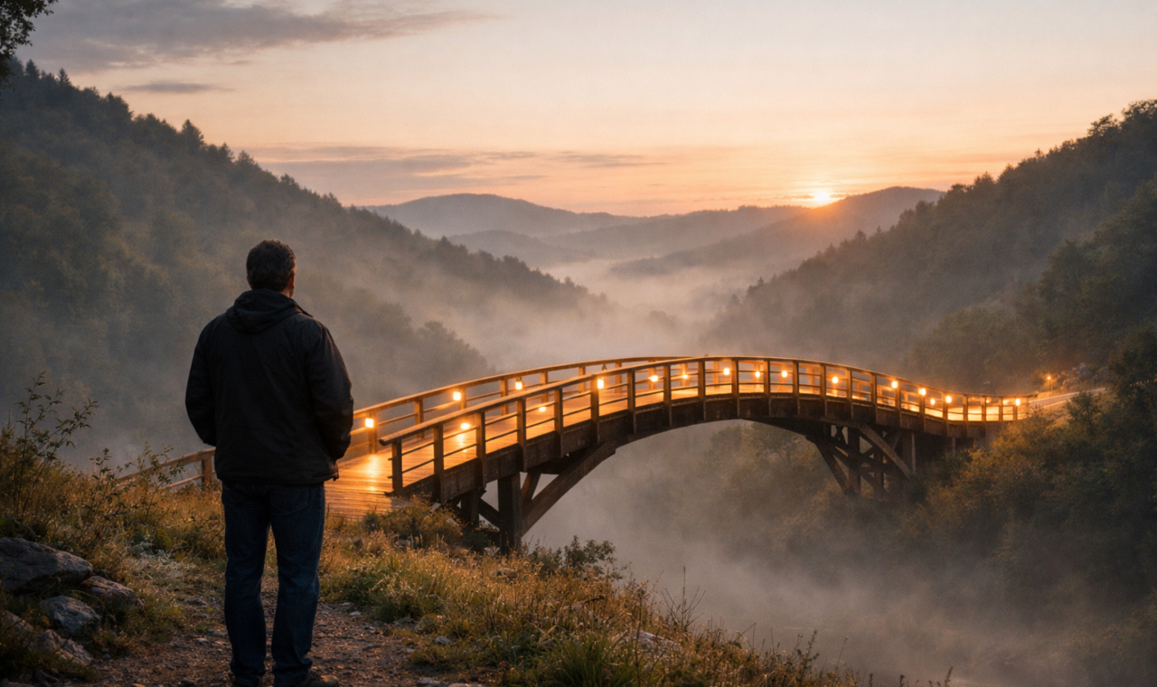 Pessoa diante de uma ponte iluminada que atravessa um vale, simbolizando reconciliação e acesso concedido pela graça