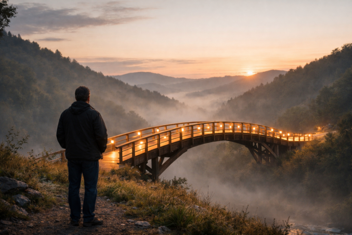 Pessoa diante de uma ponte iluminada que atravessa um vale, simbolizando reconciliação e acesso concedido pela graça