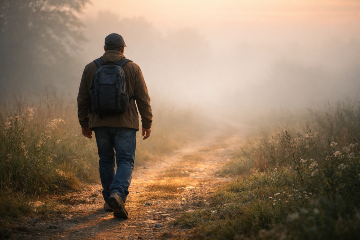 Pessoa caminhando por uma trilha ao amanhecer iluminada suavemente apenas nos passos mais próximos