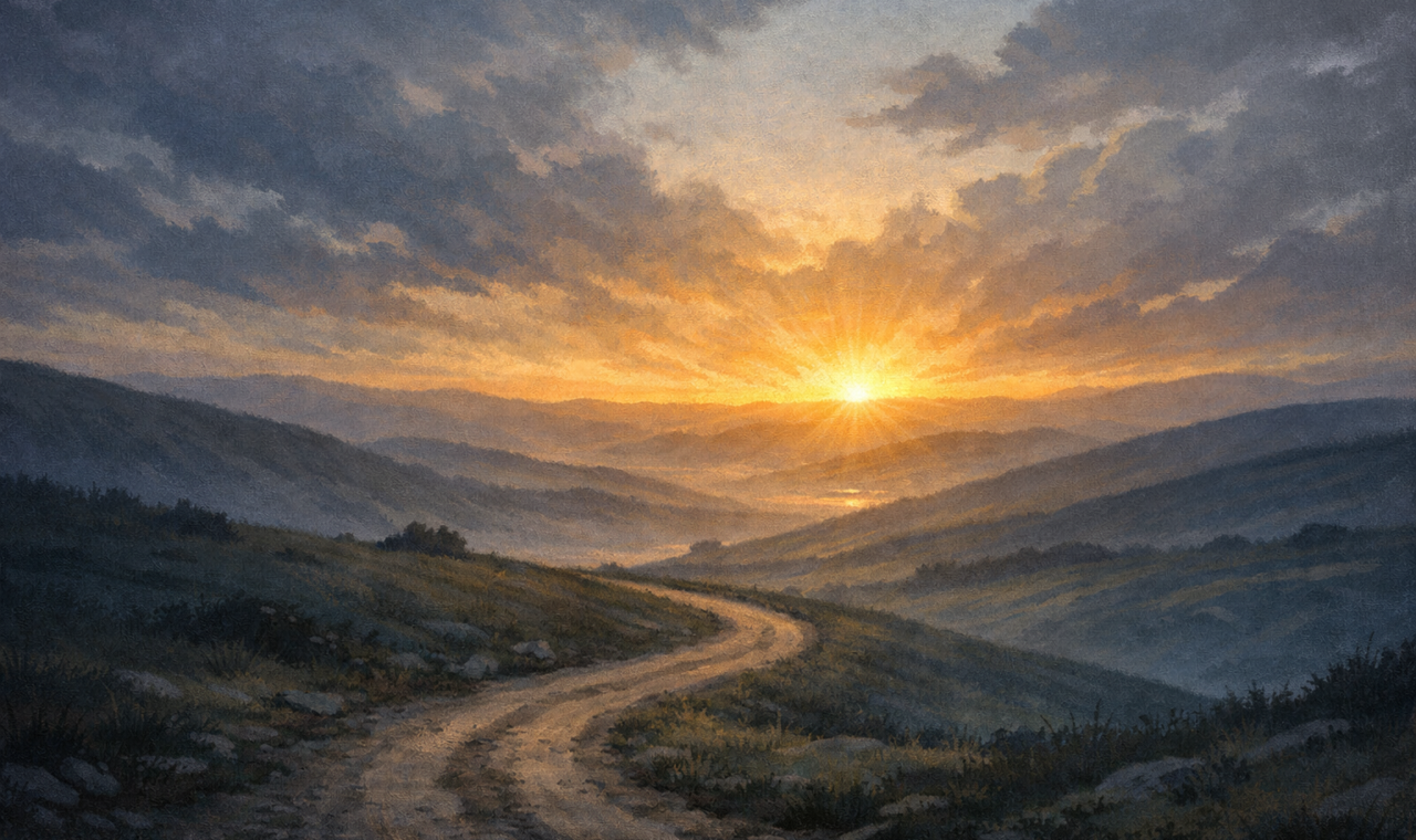 Caminho entre colinas conduzindo a um horizonte iluminado pelo amanhecer, simbolizando esperança firme em meio à incerteza