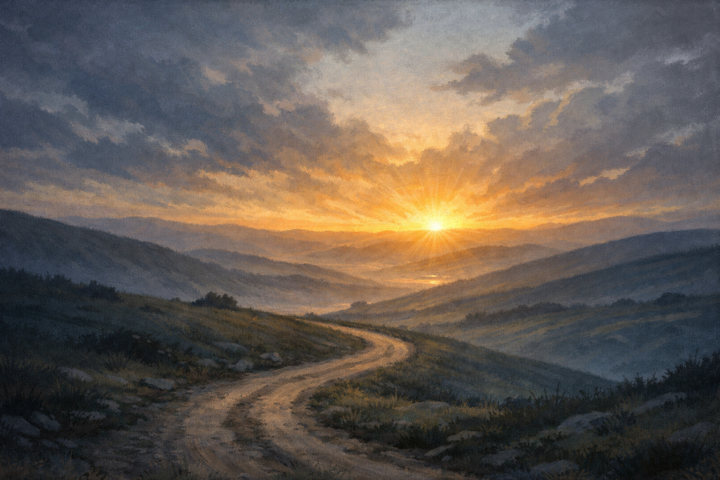 Caminho entre colinas conduzindo a um horizonte iluminado pelo amanhecer, simbolizando esperança firme em meio à incerteza