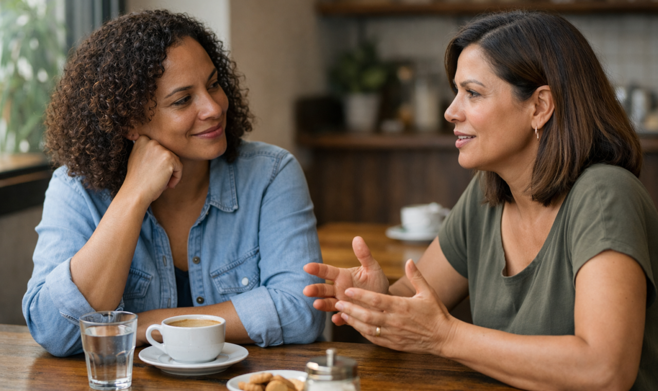 Duas pessoas conversando com atenção em uma mesa de café, em um encontro respeitoso e acolhedor