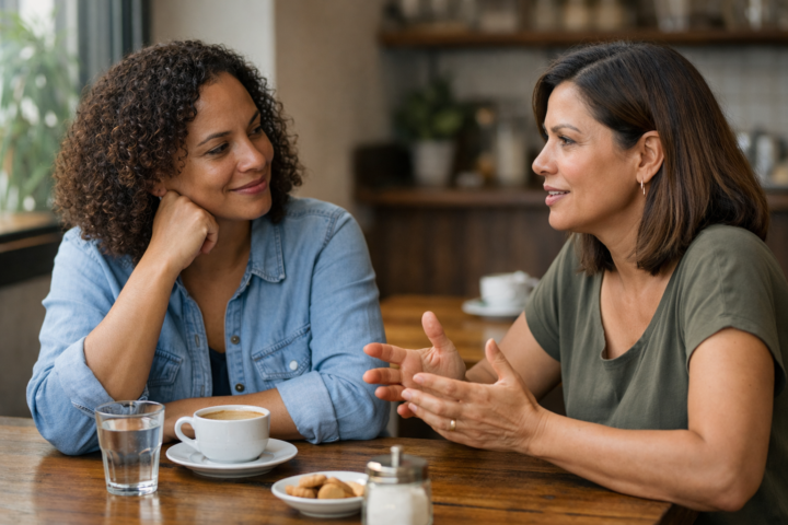 Duas pessoas conversando com atenção em uma mesa de café, em um encontro respeitoso e acolhedor