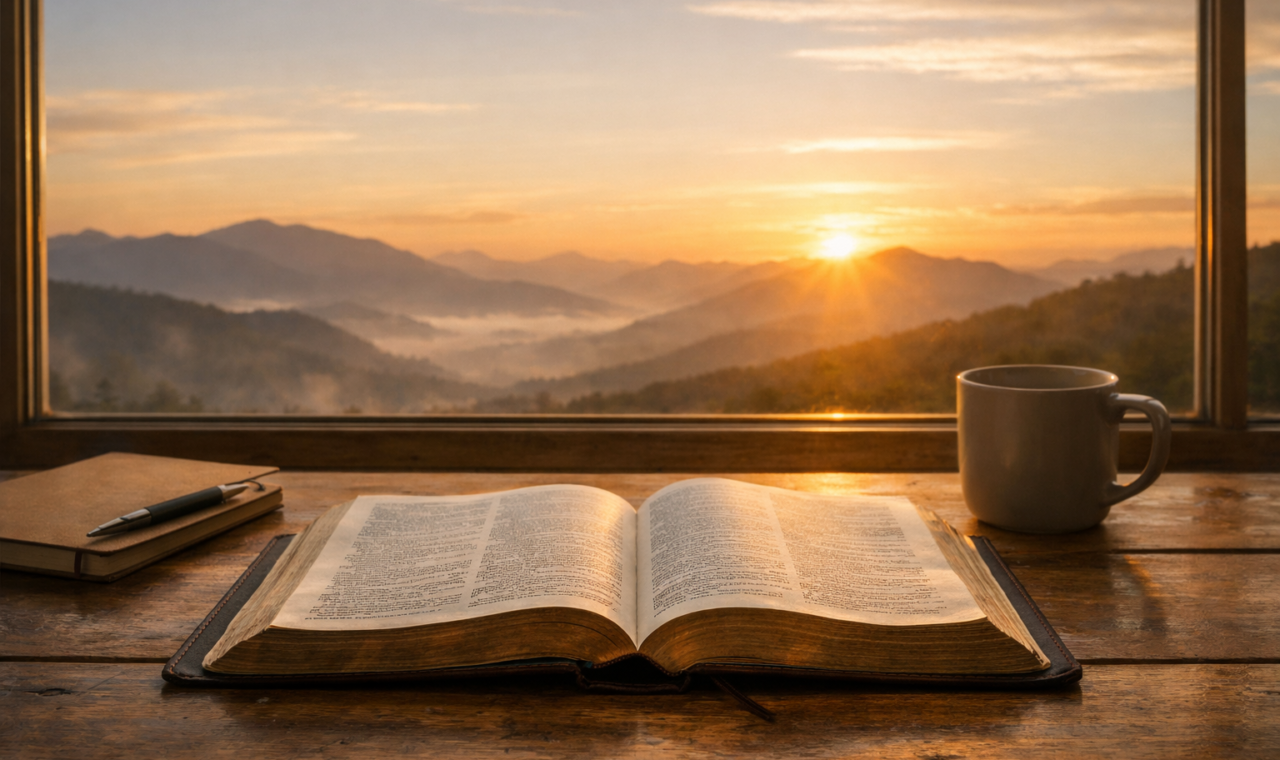 Bíblia aberta diante de uma janela com horizonte montanhoso iluminado pelo nascer do sol, ao lado de caderno e caneca
