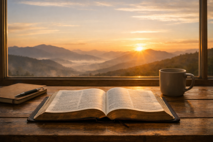 Bíblia aberta diante de uma janela com horizonte montanhoso iluminado pelo nascer do sol, ao lado de caderno e caneca