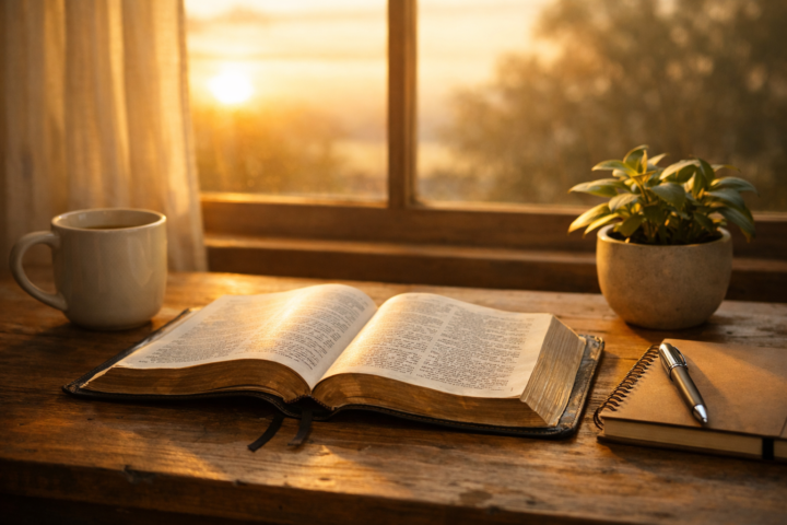 Bíblia aberta sobre mesa de madeira ao amanhecer, com caneca, planta e caderno ao lado, iluminados por luz dourada