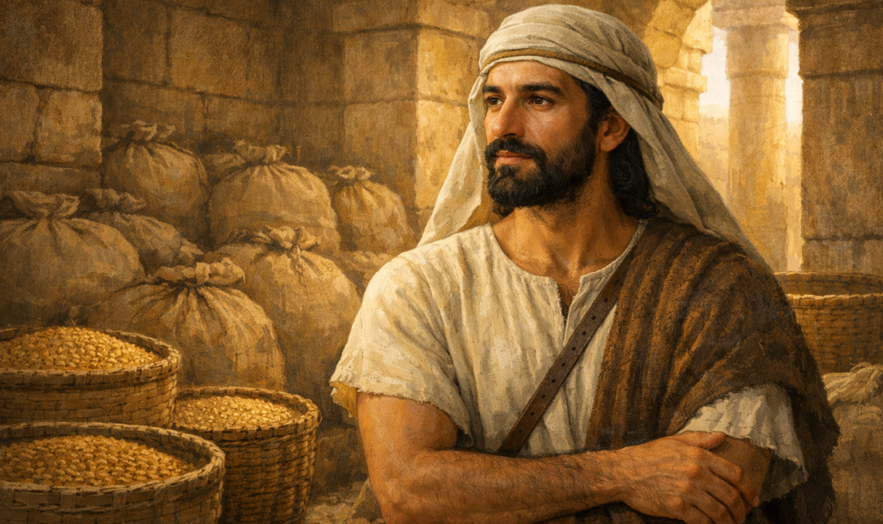 Homem do antigo Oriente Próximo em um armazém de grãos no Egito, em atitude contemplativa, simbolizando José diante de sua história