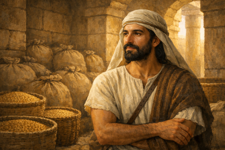 Homem do antigo Oriente Próximo em um armazém de grãos no Egito, em atitude contemplativa, simbolizando José diante de sua história