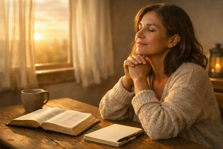 Cena serena ao amanhecer com Bíblia aberta, caderno e luz suave, representando memória, gratidão e oração