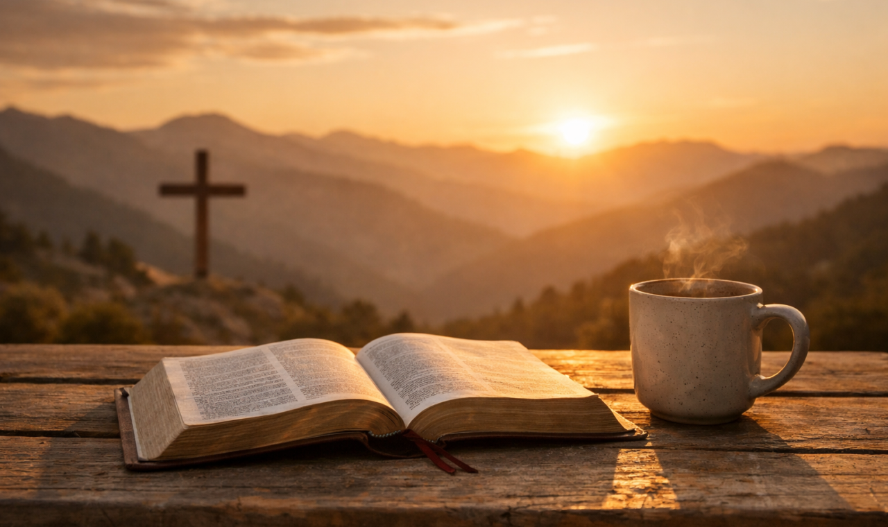 Bíblia aberta sobre mesa de madeira ao pôr do sol, com uma caneca e uma cruz diante de uma paisagem de montanhas