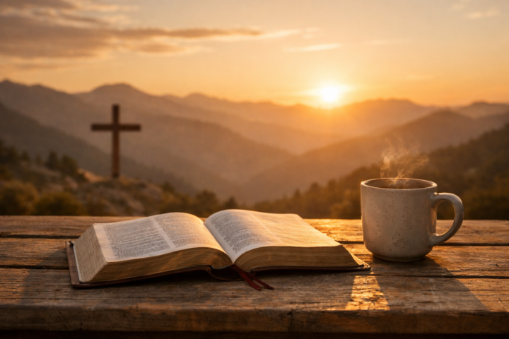Bíblia aberta sobre mesa de madeira ao pôr do sol, com uma caneca e uma cruz diante de uma paisagem de montanhas