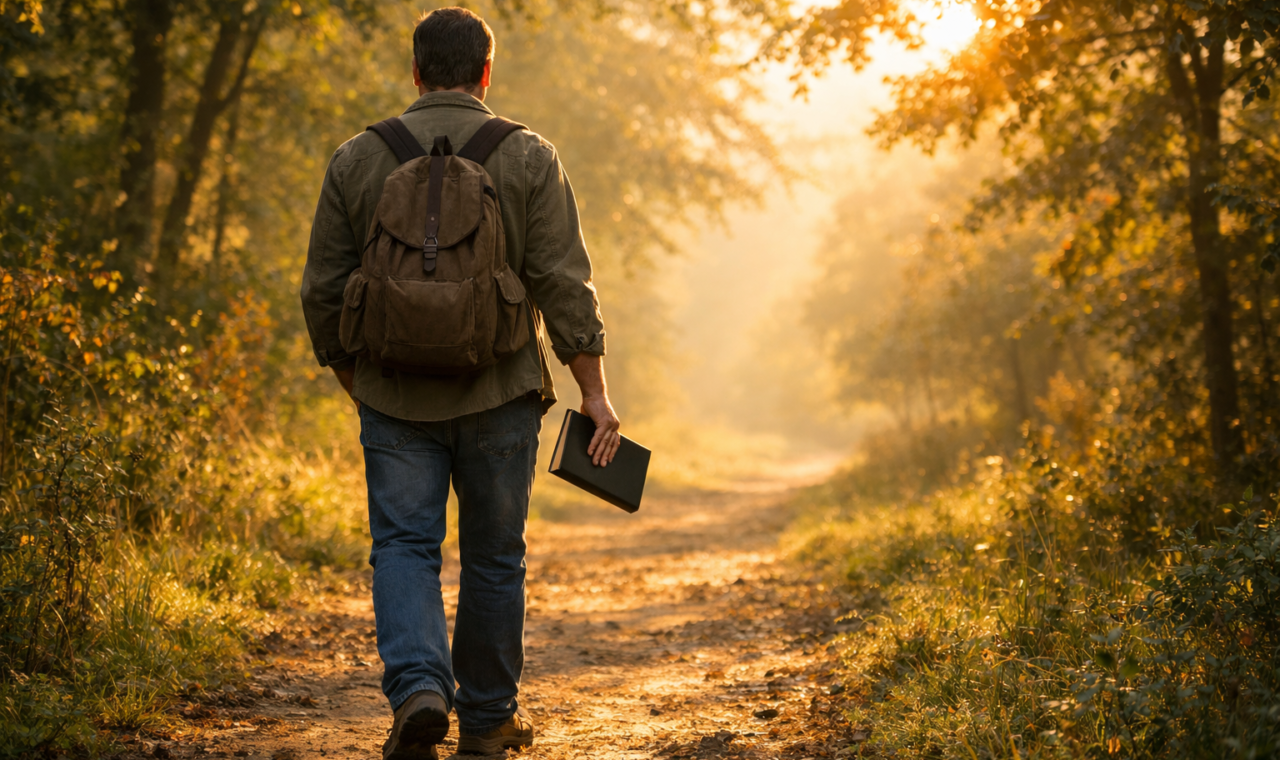 Pessoa adulta caminhando por uma trilha arborizada ao amanhecer, levando um livro na mão, em uma cena serena de reflexão e direção