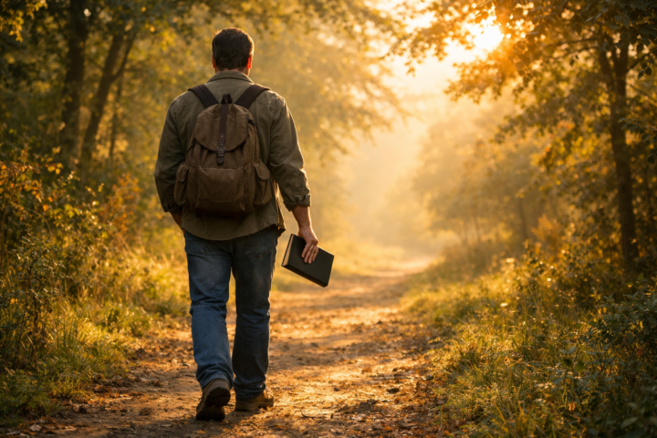 Pessoa adulta caminhando por uma trilha arborizada ao amanhecer, levando um livro na mão, em uma cena serena de reflexão e direção