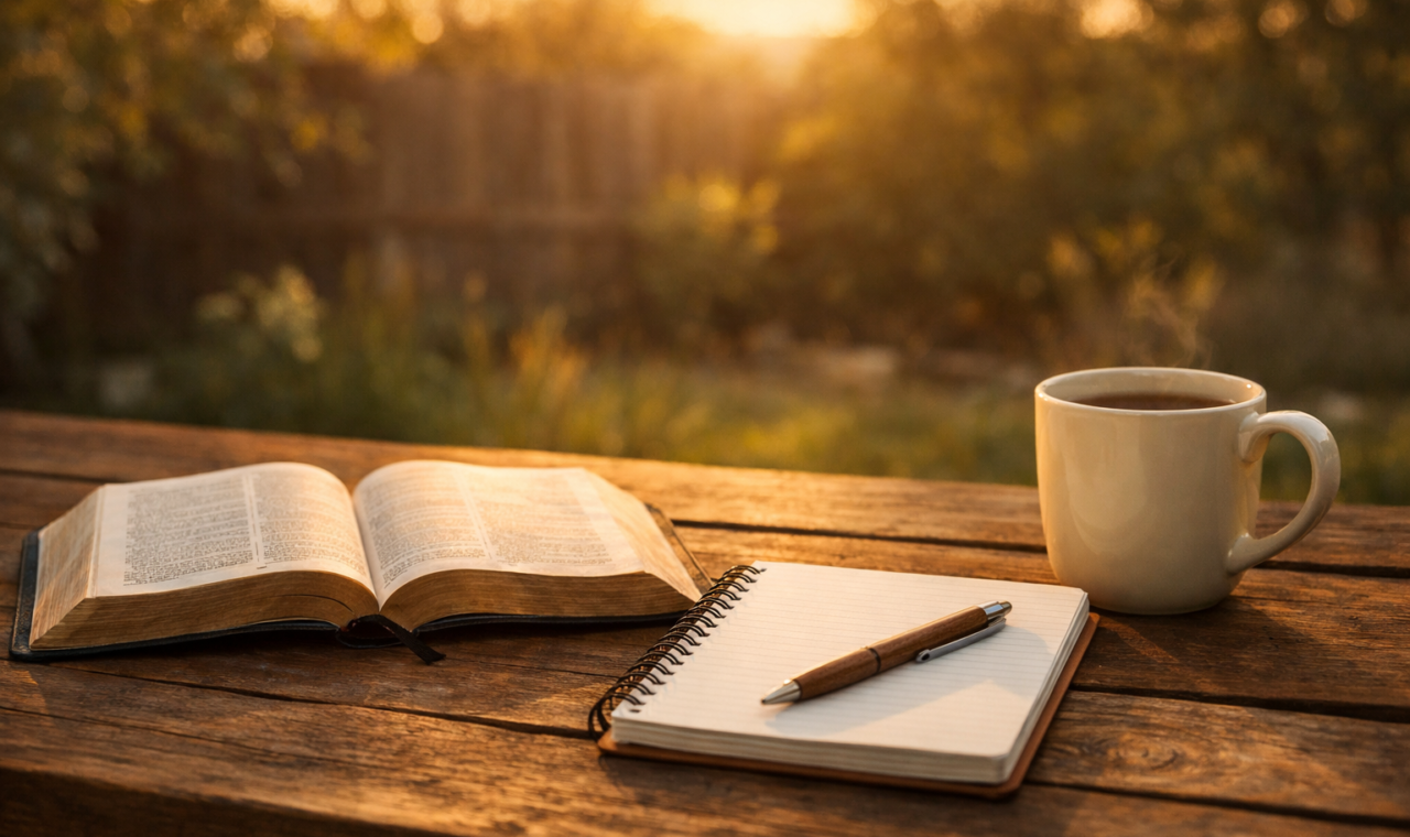 Bíblia aberta, caderno e caneca sobre mesa de madeira ao ar livre em luz dourada, sugerindo reflexão e planejamento do cuidado familiar