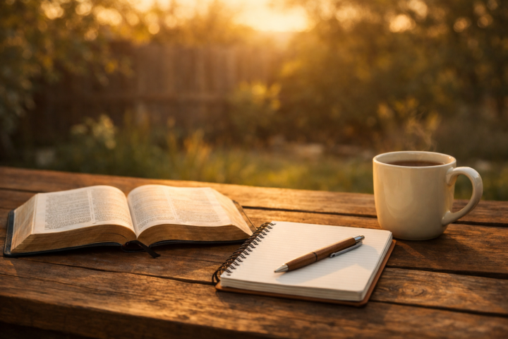 Bíblia aberta, caderno e caneca sobre mesa de madeira ao ar livre em luz dourada, sugerindo reflexão e planejamento do cuidado familiar
