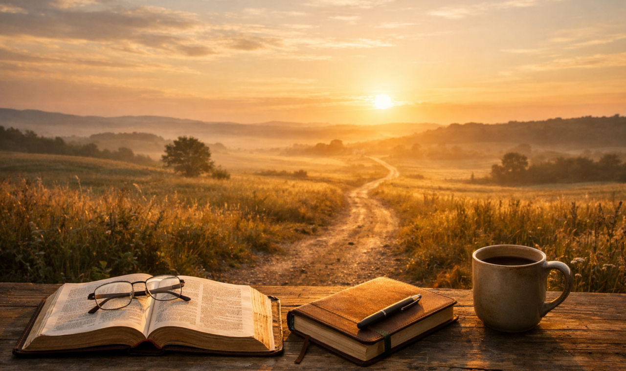 Bíblia aberta, caderno e caneca diante de uma paisagem montanhosa iluminada pelo entardecer, sugerindo confiança em meio a caminhos que não controlamos