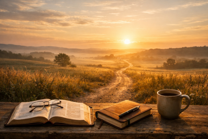 Bíblia aberta, caderno e caneca diante de uma paisagem montanhosa iluminada pelo entardecer, sugerindo confiança em meio a caminhos que não controlamos
