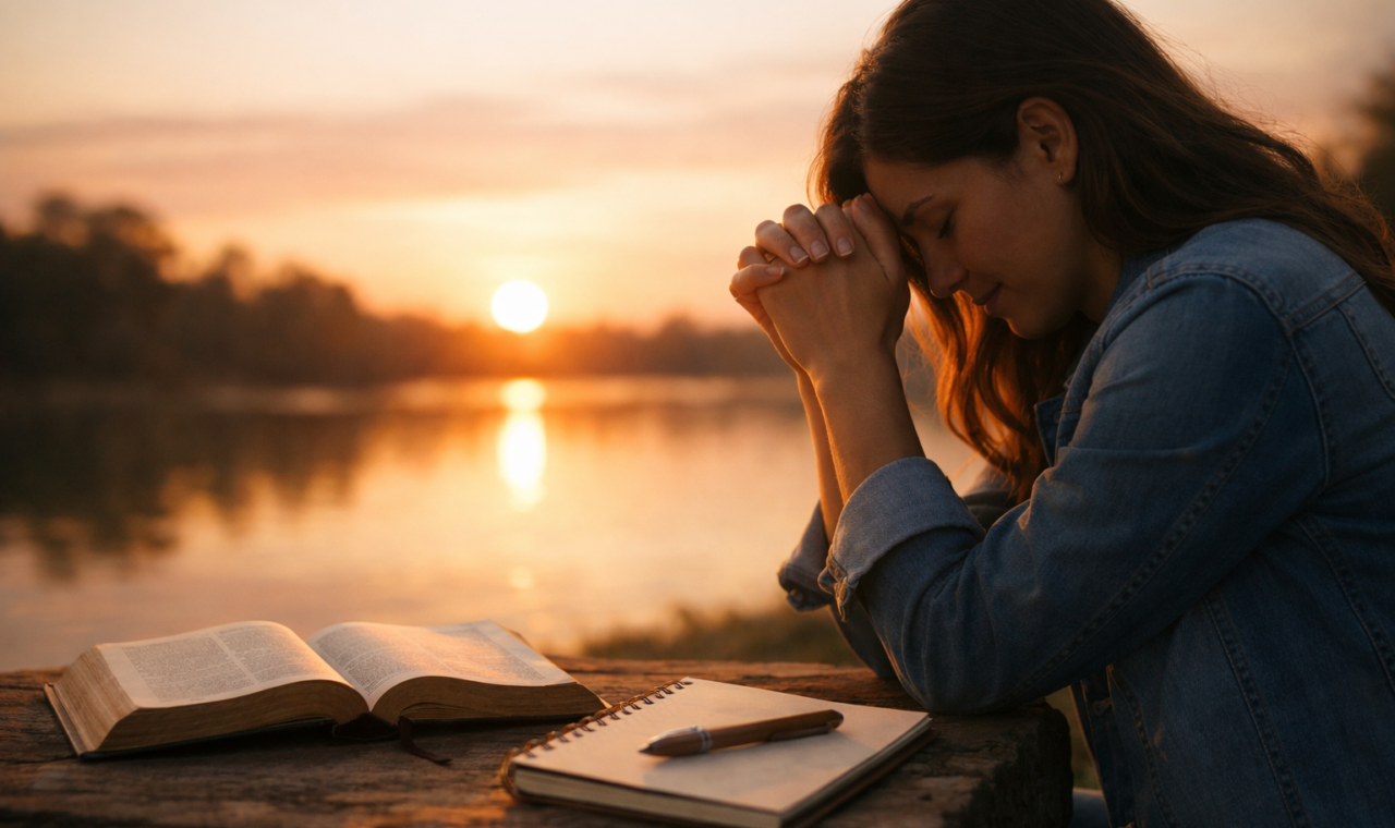 Bíblia aberta, caderno e caneca sobre uma mesa ao ar livre diante de montanhas iluminadas pelo pôr do sol, em atmosfera de oração e reflexão