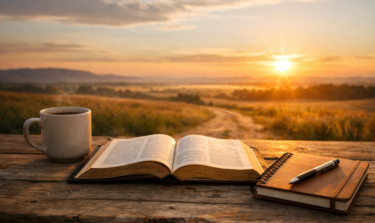 Bíblia aberta, caneca e caderno diante de uma ampla paisagem iluminada pelo amanhecer, simbolizando fé que se transforma em serviço perseverante