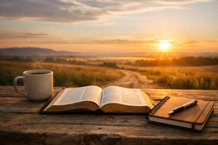 Bíblia aberta, caneca e caderno diante de uma ampla paisagem iluminada pelo amanhecer, simbolizando fé que se transforma em serviço perseverante