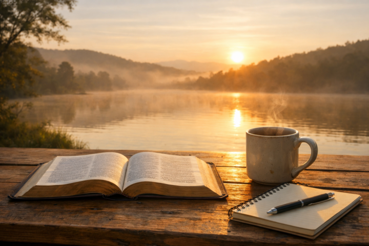 Bíblia aberta, caneca e caderno sobre mesa de madeira diante de uma paisagem ao amanhecer, sugerindo quietude antes de começar o dia