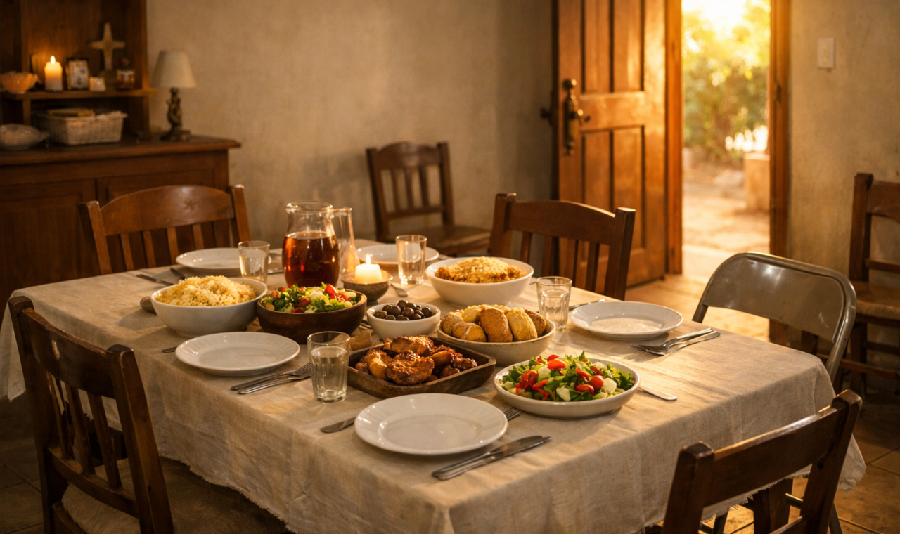 Mesa simples preparada para receber pessoas em uma casa acolhedora, simbolizando hospitalidade cristã vivida com simplicidade