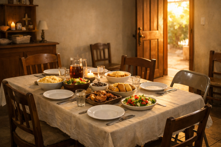 Mesa simples preparada para receber pessoas em uma casa acolhedora, simbolizando hospitalidade cristã vivida com simplicidade