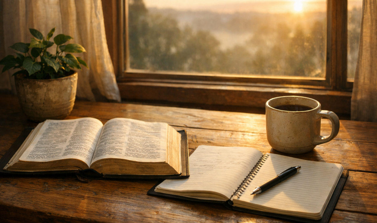 Bíblia, caderno, caneta, caneca e planta sobre uma mesa diante de uma janela com luz do amanhecer, em ambiente de estudo sobre a vida de Jesus