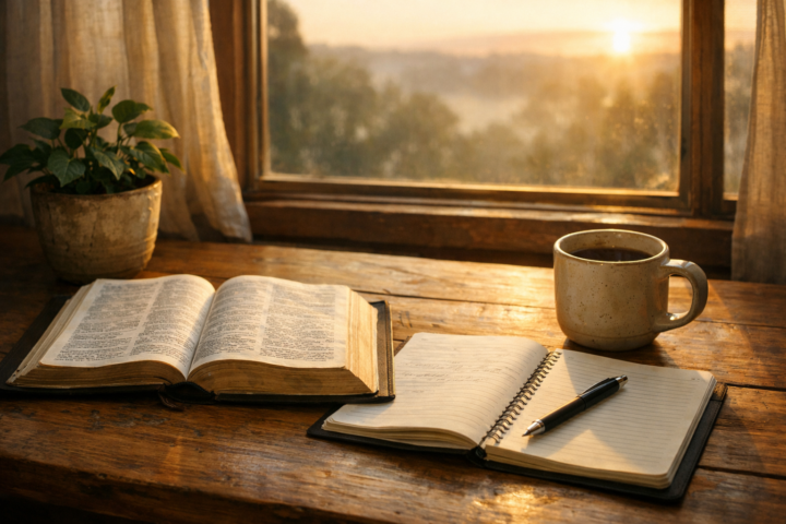 Bíblia, caderno, caneta, caneca e planta sobre uma mesa diante de uma janela com luz do amanhecer, em ambiente de estudo sobre a vida de Jesus
