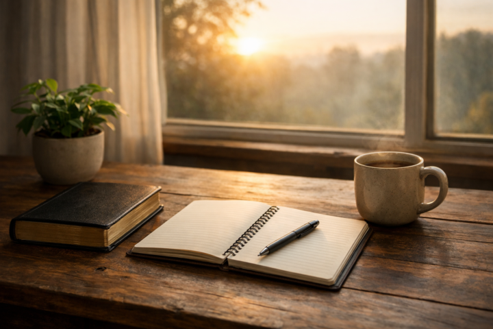 Bíblia fechada, caderno aberto, caneta e caneca sobre uma mesa diante de uma janela iluminada pelo amanhecer