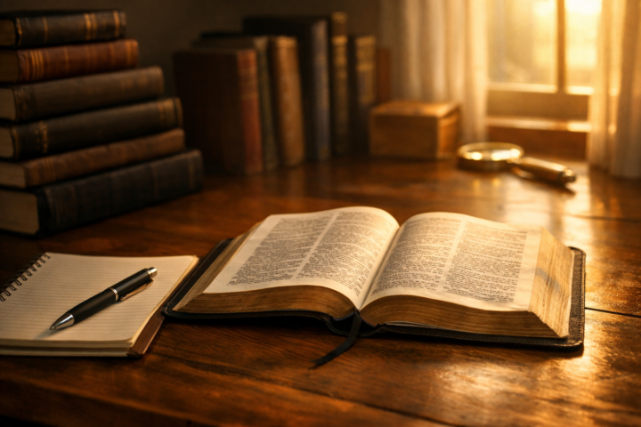 Bíblia aberta em mesa de estudo ao lado de caderno e livros, iluminada por luz dourada junto a uma janela.