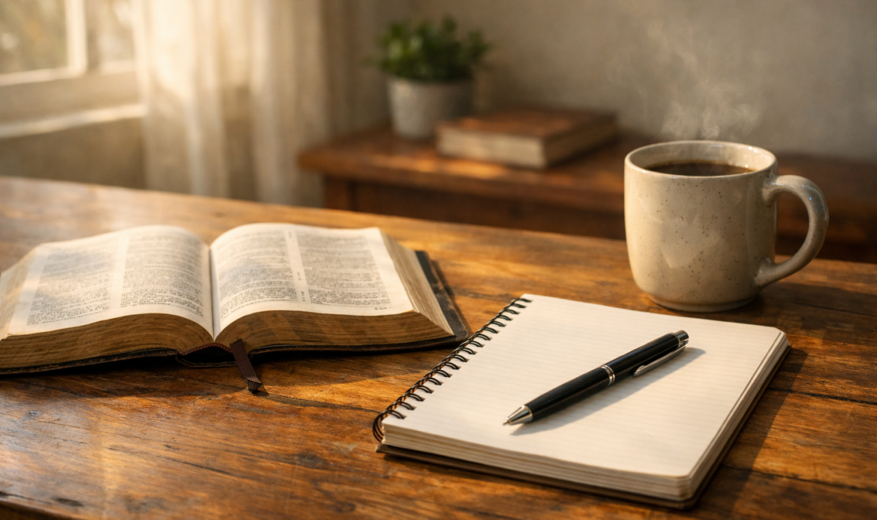 Bíblia aberta, caderno e caneca sobre mesa de madeira iluminada pela luz suave da manhã.