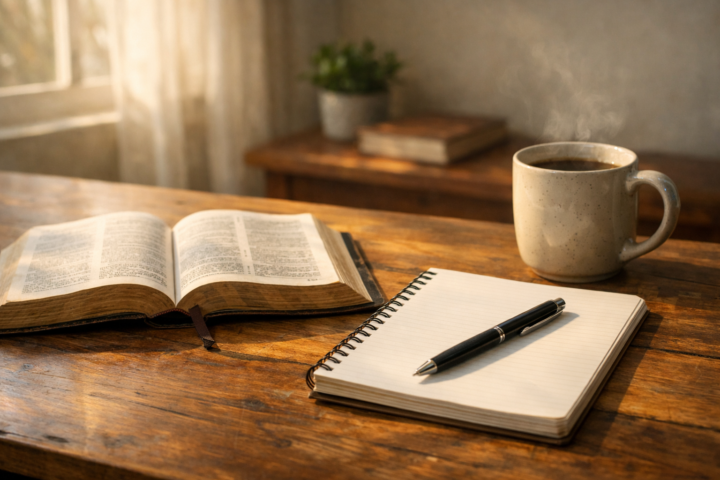 Bíblia aberta, caderno e caneca sobre mesa de madeira iluminada pela luz suave da manhã.