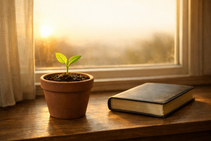 Pequena muda em vaso junto a uma janela iluminada pelo amanhecer, com uma Bíblia discreta ao lado, simbolizando um começo que precisa de cuidado e tempo.