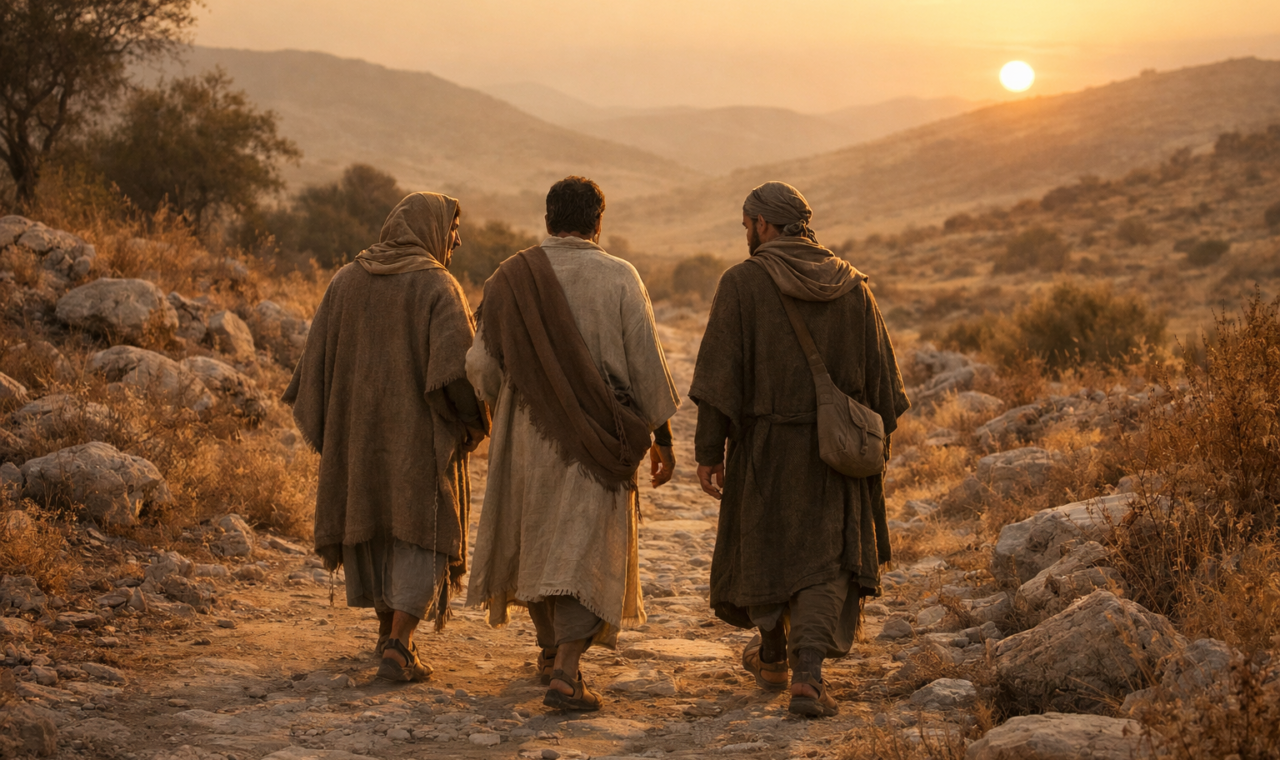 Três viajantes caminham por uma estrada antiga ao entardecer, em uma cena inspirada no relato bíblico do caminho de Emaús.
