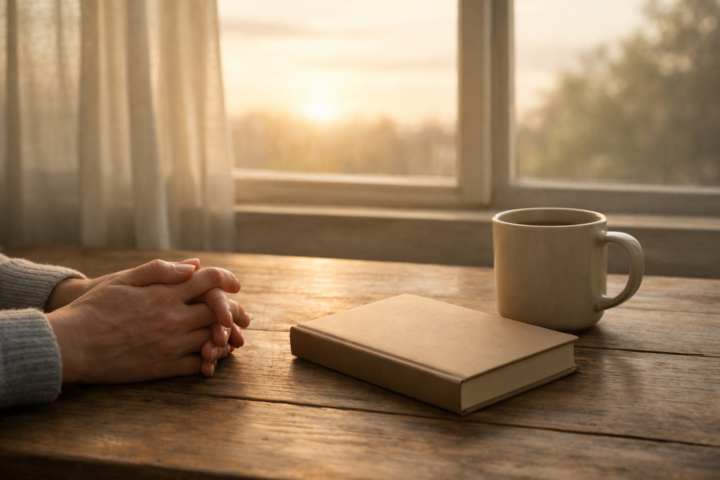 Mãos em repouso sobre uma mesa ao amanhecer, junto a uma janela, em uma cena silenciosa que representa confiança e oração.