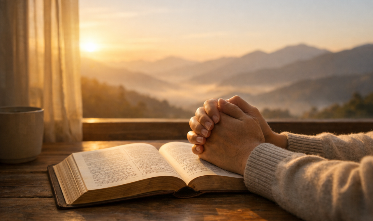 Bíblia aberta, mãos em oração e luz do amanhecer sobre montanhas, criando uma cena serena de esperança.