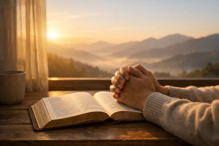 Bíblia aberta, mãos em oração e luz do amanhecer sobre montanhas, criando uma cena serena de esperança.