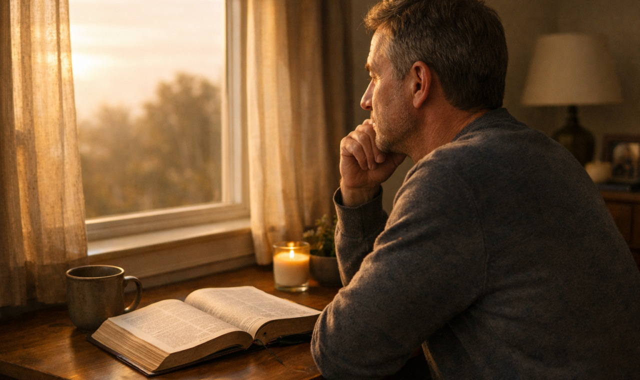 Pessoa em reflexão diante de uma Bíblia aberta ao amanhecer, em uma cena serena que simboliza responsabilidade e busca pela paz.