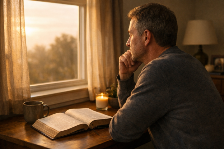 Pessoa em reflexão diante de uma Bíblia aberta ao amanhecer, em uma cena serena que simboliza responsabilidade e busca pela paz.