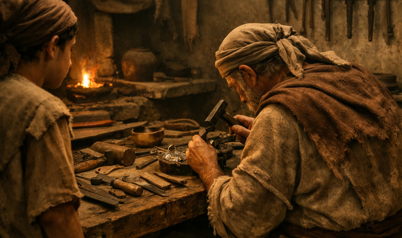 Artesão em oficina histórica trabalhando com cuidado enquanto um aprendiz observa, em referência à história bíblica de Bezalel.
