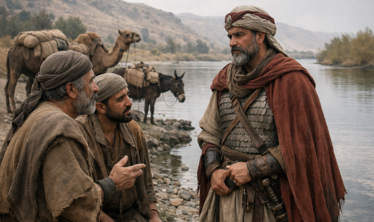 Comandante em vestes do antigo Oriente Próximo conversa com seus servos à margem de um rio, em uma cena inspirada na história de Naamã.