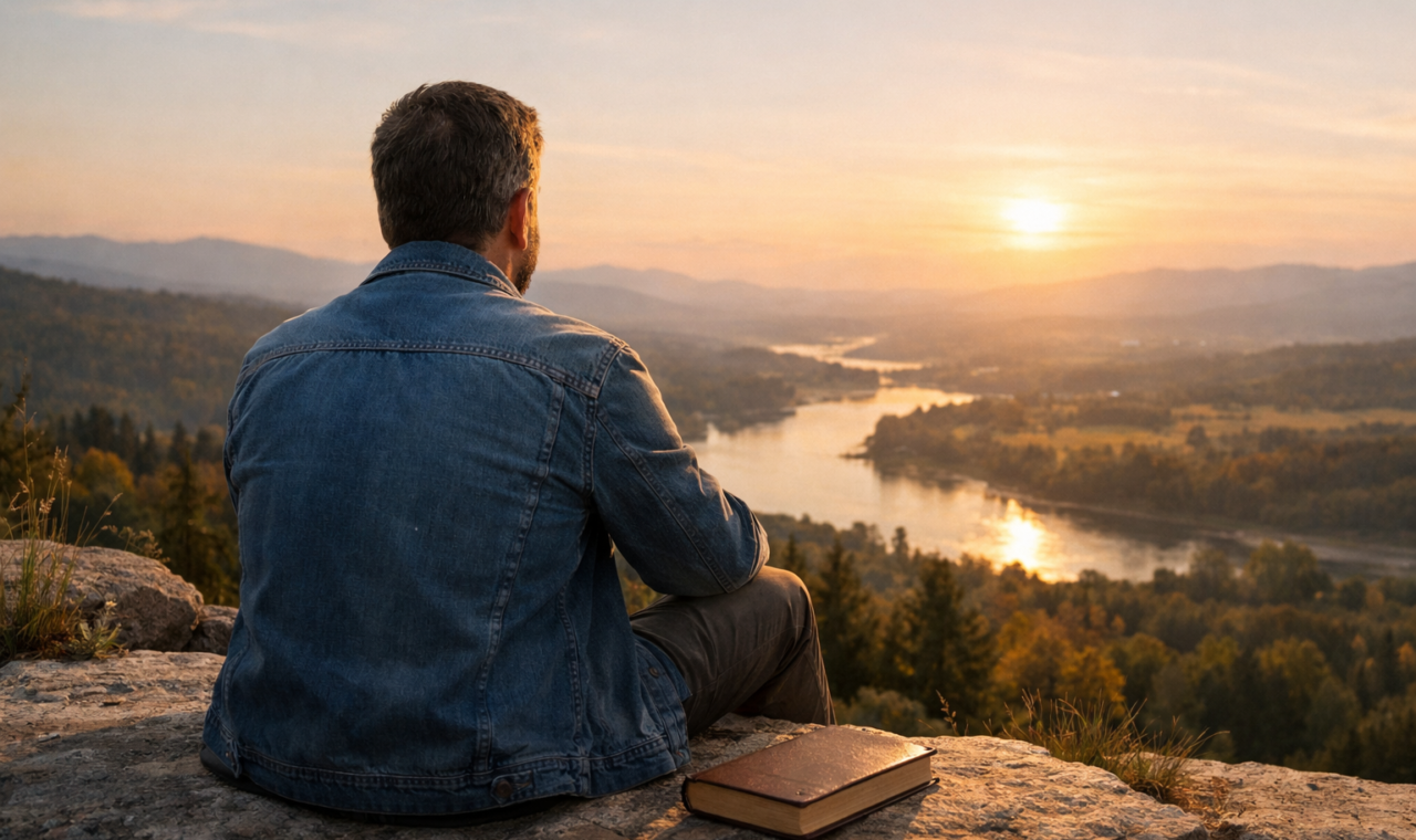 Homem sentado em um mirante ao pôr do sol com um livro fechado ao lado, contemplando um vale e um rio iluminados.