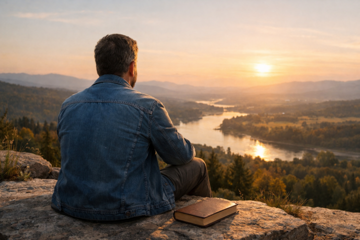 Homem sentado em um mirante ao pôr do sol com um livro fechado ao lado, contemplando um vale e um rio iluminados.