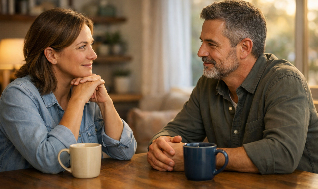 Casal adulto conversando com atenção à mesa de casa ao entardecer, em ambiente calmo e acolhedor.