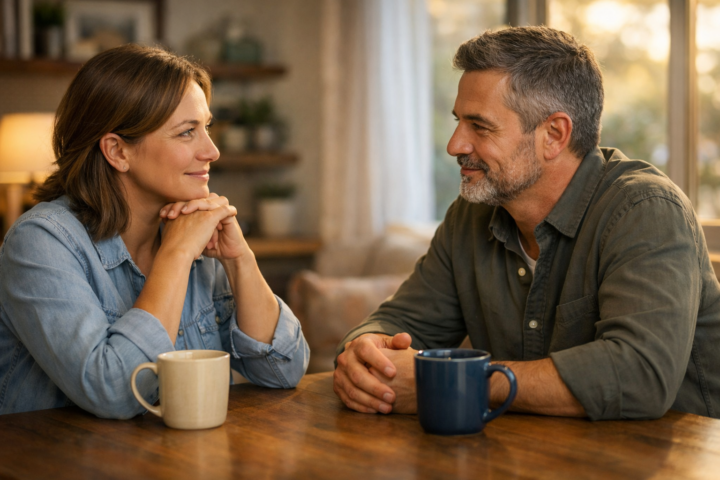 Casal adulto conversando com atenção à mesa de casa ao entardecer, em ambiente calmo e acolhedor.