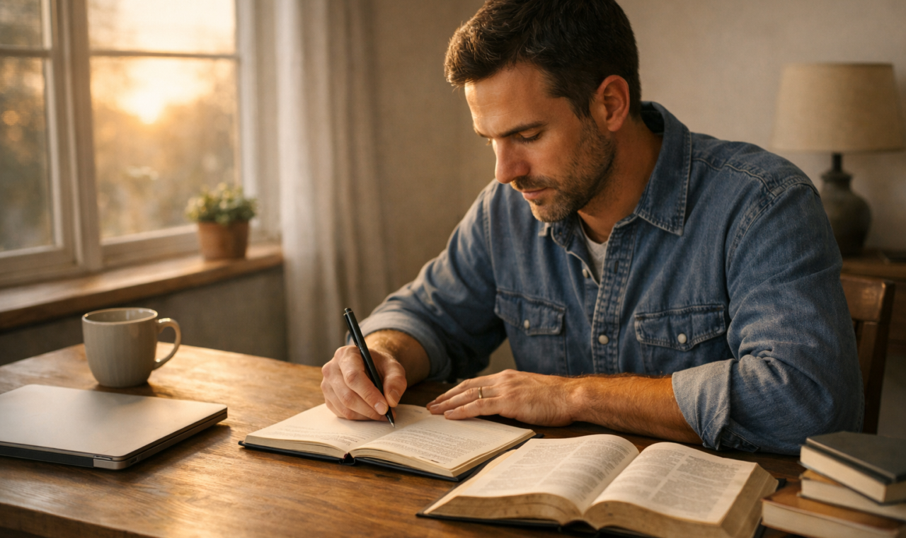 Homem adulto trabalha com atenção em um caderno ao lado de uma Bíblia aberta, computador e livros, iluminado pelo nascer do sol.